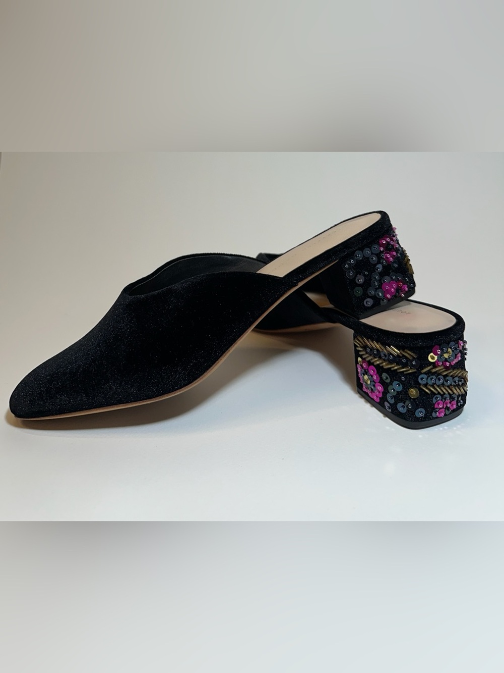 Loeffler Randall Black Velvet Mule Slides with Embellished Floral Heel